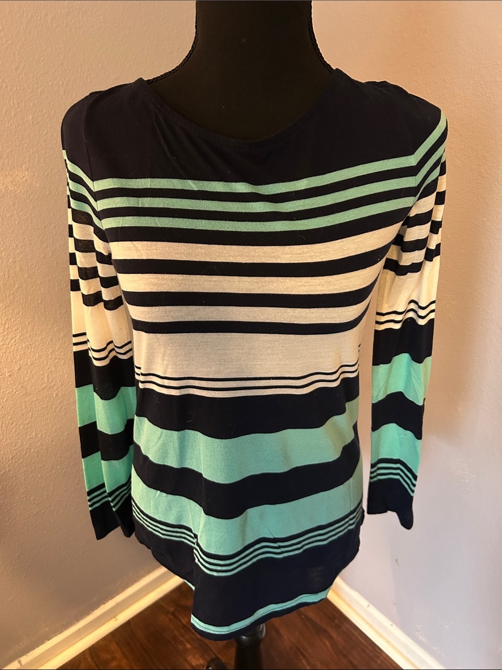 J Crew Women Striped Long-Sleeve Knit Top Navy, White & Mint Size Extra Small